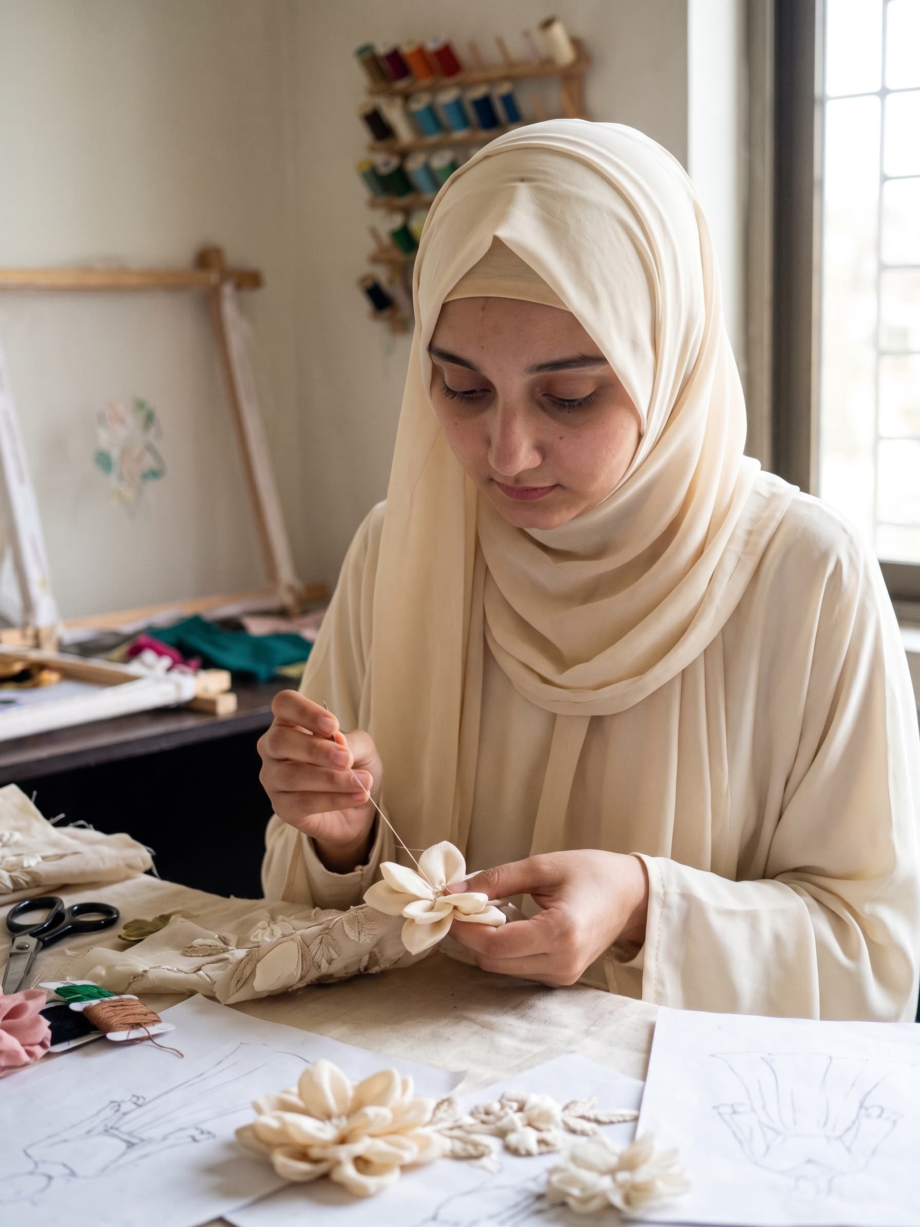 Hand embroidery in progress in the Sara Malik atelier