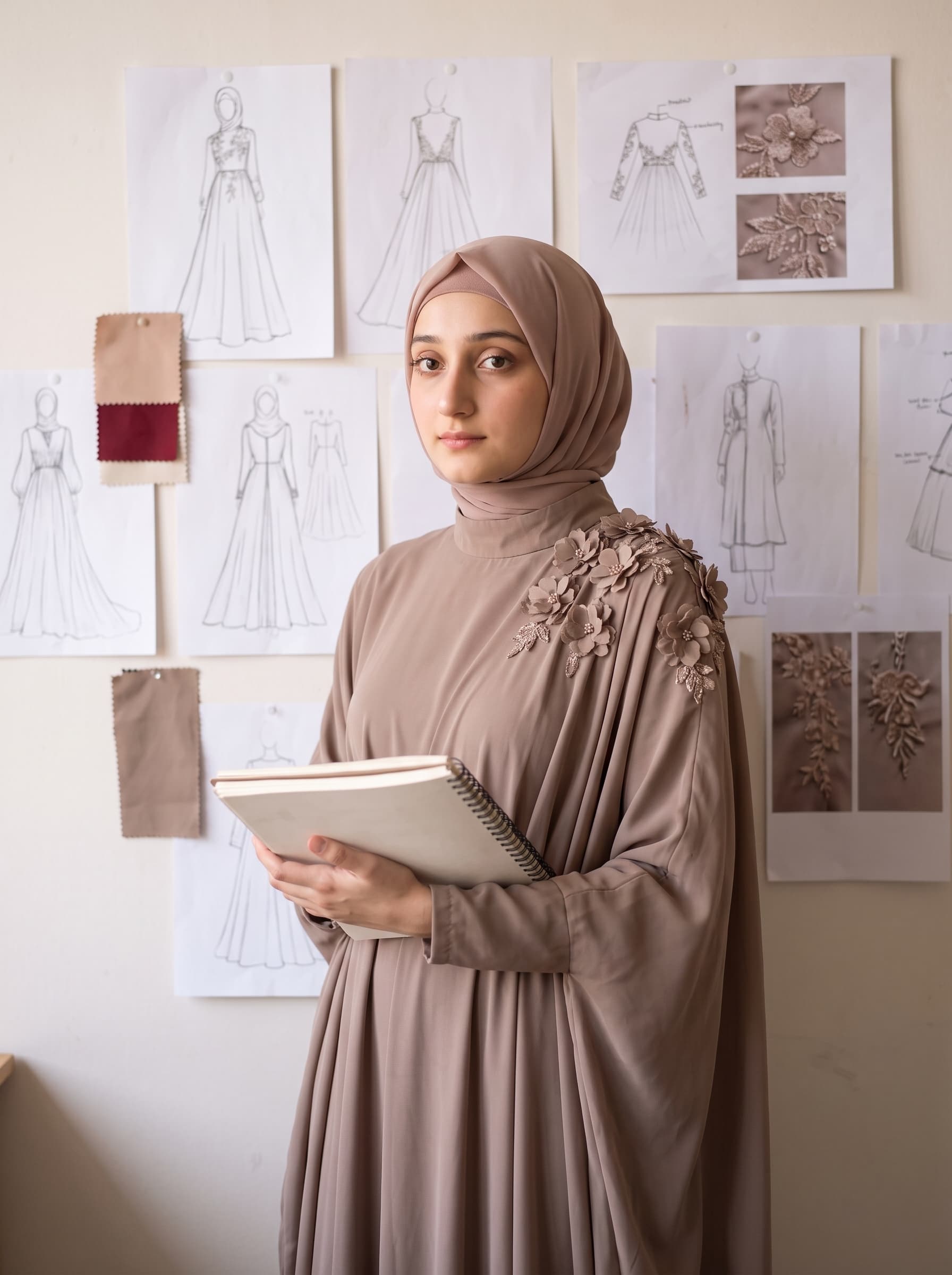 Sara Malik at her sketching table, surrounded by sketches and fabric swatches
