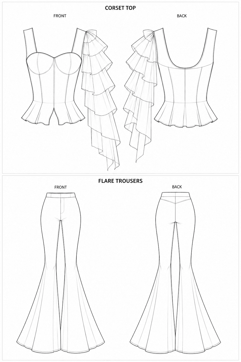 Corset & Flare Trousers — annotated technical flat