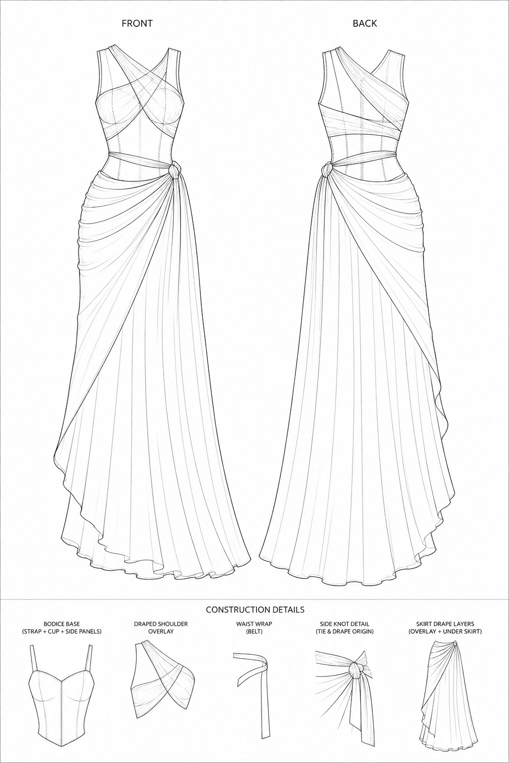 The Wrap Gown — annotated technical flat
